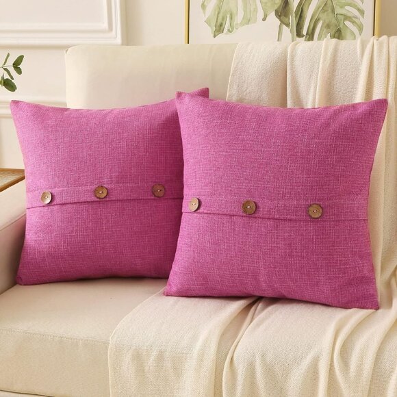 Pink Linen Throw Pillow Covers 18x18 2 Square with 3 Buttons Modern Farmhouse - Picture 1 of 6